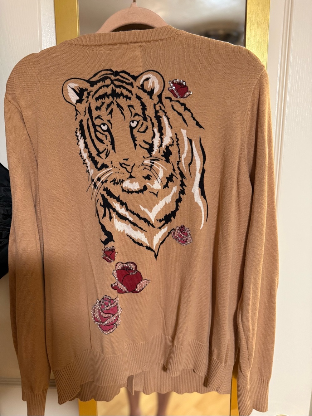 Storybook Knits Tan Crewneck Sweater with Tiger and Red Rose Motif